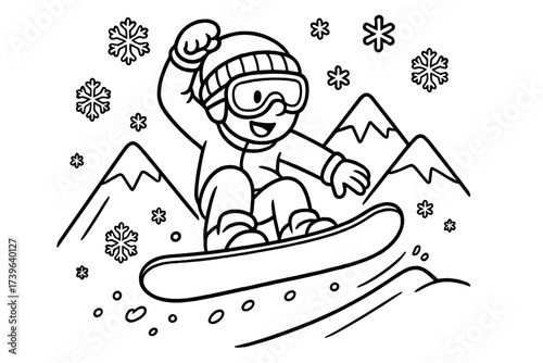 Snowboarder Jumping Adventure. Sports coloring page: snowboarder jumping from slope, snowflakes falling, mountains behind, black