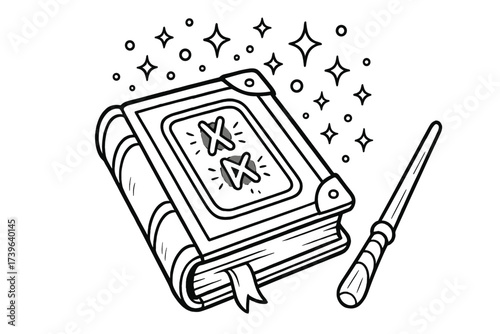 Magical Book and Wand. Magical creatures coloring page: magical book with glowing runes, sparkles above, wand nearby, black and