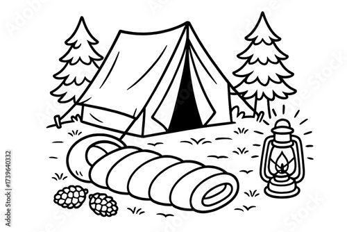 Camping Scene Illustration. Camping coloring page: sleeping bag unrolled near tent, lantern glowing, pinecones nearby, black and