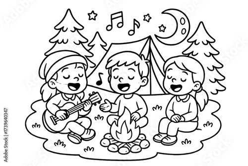 Camping Sing-Along. Camping coloring page: kids sitting around campfire singing songs, trees and moon behind, black and white