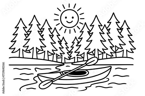 Kayak Adventure Coloring. Camping coloring page: kayak on river, pine forest around, sun shining above, black and white vector