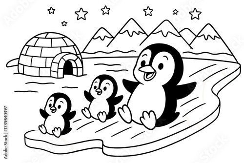 Penguins Sliding Fun. Arctic world coloring page: penguin family sliding on ice, igloo nearby, stars above, black and white vector