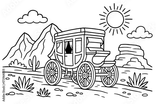 Stagecoach in Desert Landscape. Desert & Wild West coloring page: stagecoach wagon rolling, mountains and desert rocks behind, sun