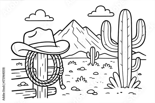 Cowboy Gear & Cactus. Desert & Wild West coloring page: cowboy hat and lasso on fence post, cactus and mountains behind, black and