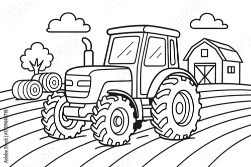 Farm Tractor Scene. Transportation coloring page: tractor working on farm, hay bales behind, barn nearby, black and white vector