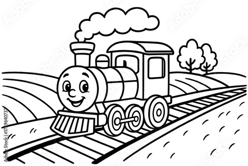 Smiling Train Adventure. Transportation coloring page: train with smiling engine, tracks running through fields, smoke puffs above