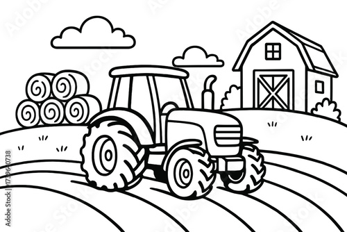Farm Tractor Scene. Transportation coloring page: tractor working on farm, hay bales behind, barn nearby, black and white vector