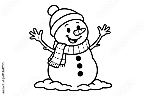 Cheerful Snowman Coloring Page. Holidays coloring page: cheerful snowman with hat and scarf, stick arms waving, snowy ground below
