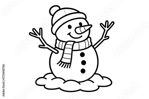 Cheerful Snowman Coloring Page. Holidays coloring page: cheerful snowman with hat and scarf, stick arms waving, snowy ground below