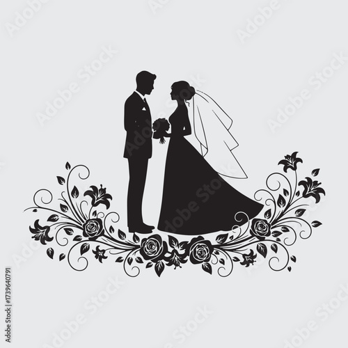 Elegant wedding couple silhouette with floral decoration. Romantic bride and groom vector illustration for invitation, greeting card, and wedding design