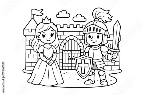 Knight at Castle Gate. Princess & Knights coloring page: brave knight in armor holding sword and shield, castle gate behind, flags