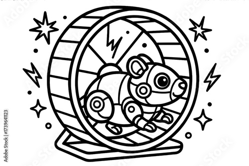 Robot Hamster Adventure. Robots & Gadgets coloring page: robot pet hamster inside wheel, sparks and stars floating, black and