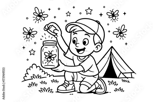 Boy Catches Fireflies. Camping coloring page: boy catching fireflies in jar at night, glowing insects and stars above, black and