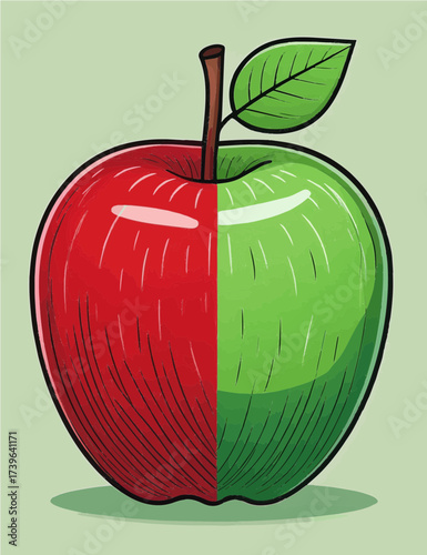 A unique apple illustration with half red and half green, featuring a fresh and interesting contrast. 