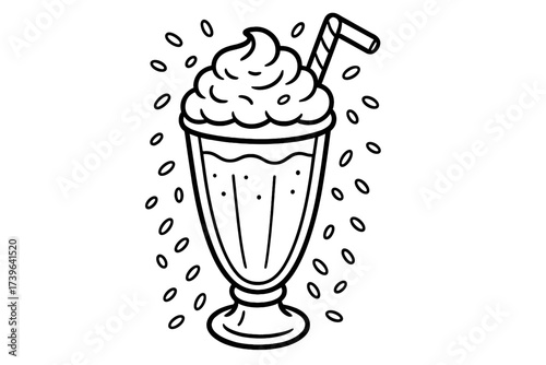Milkshake Coloring Page. Refreshing treat coloring page: milkshake in tall glass, straw and whipped cream, sprinkles around, black