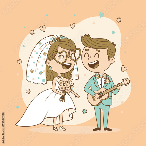 Funny cartoon wedding couple illustration with bride in heart glasses and groom playing guitar. Cute romantic vector for invitation, greeting card, or celebration design