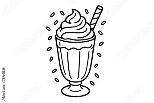 Milkshake Coloring Page. Refreshing treat coloring page: milkshake in tall glass, straw and whipped cream, sprinkles around, black