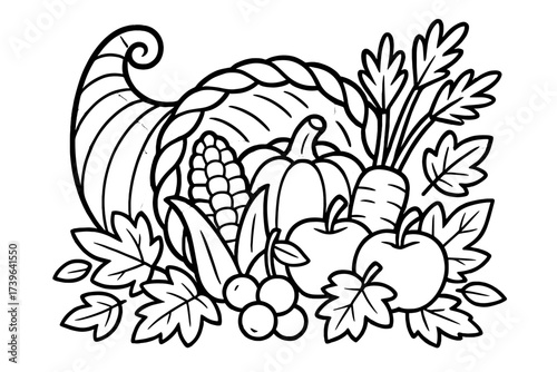 Cornucopia Coloring Fun. Festive food coloring page: cornucopia filled with fruits and vegetables, leaves spilling out, black and