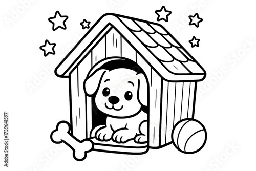 Puppy's Cozy Retreat. Cozy doghouse coloring page: puppy inside kennel, bone and ball outside, stars above, black and white vector