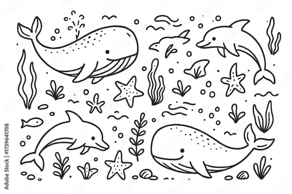 Obraz premium Ocean Life Doodle. Doodle ocean life with whales, dolphins, and seaweed in black and white isolated transparent background