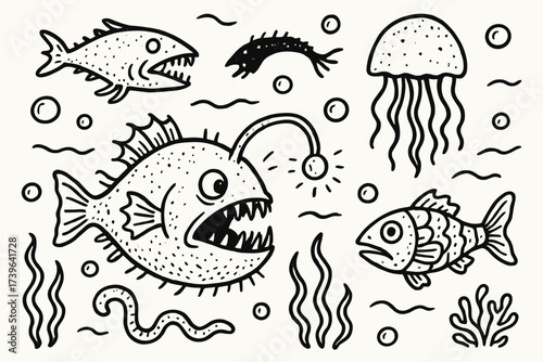 Deep Sea Doodles. Doodle deep sea with anglerfish, strange creatures, and bubbles in black and white isolated transparent