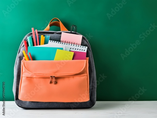 Backpack full of school supplies on a desk against a green background concept