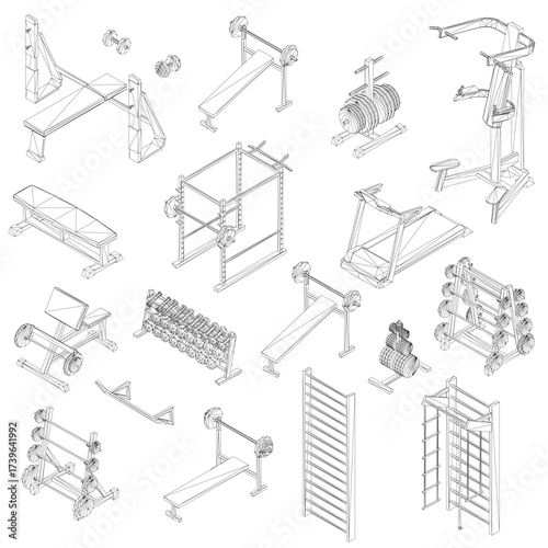 A detailed set of gym equipment sketches on a white background includes a barbell, dumbbells, and weight plates for low poly design concepts. Isometric view. 3D
