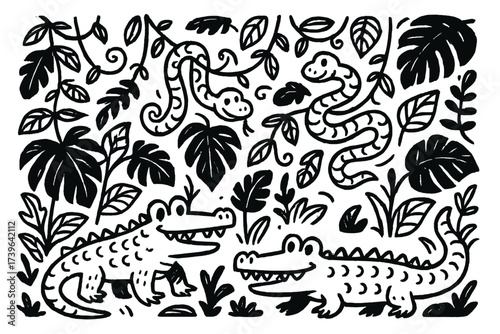 Jungle Wildlife Art. Playful jungle illustration with snakes, vines, and crocodiles in black and white isolated transparent