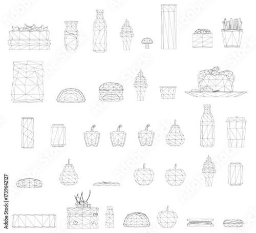 Low poly wireframe food pack with geometric shapes representing fruits and vegetables. These minimalist forms create an appealing abstract composition on a white background.