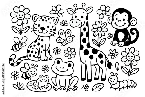 Jungle Creatures Delight. Smiling jungle creatures drawing with frogs, insects, and flowers in black and white isolated