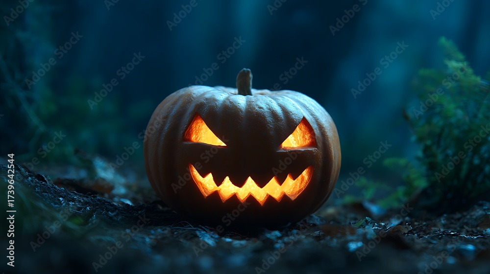 Naklejka premium Classic Jack-o'-Lantern with a Carved Face Glowing in the Dark forest