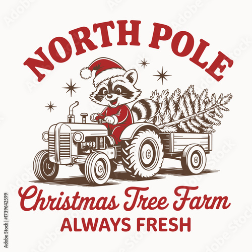 north pole christmas tree farm t shirt design raccoon santa hat on tractor with holiday tree cute festive art