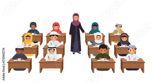 Diverse Muslim Students Learning in Classroom with Teacher Islamic Education Children Studying Hard