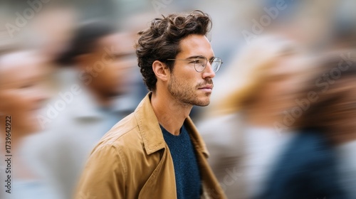 Man walking through blurred city street.