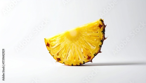 Studio Shot of Single Bright Yellow Pineapple Slice with Texture Details on Plain White Background in Bright Lighting Close Up
