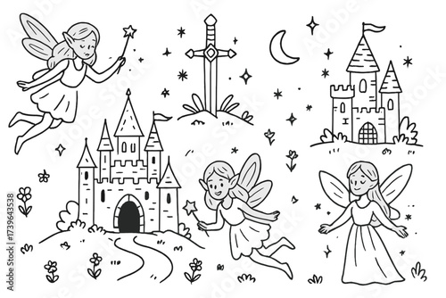 Fantasy Kingdom Sketch. Hand-drawn fantasy kingdom with fairies, castles, and magical swords in black and white isolated