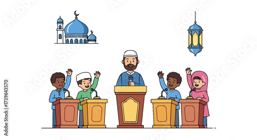 Diverse Muslim Children Learn and Speak at Islamic School Debate Prophet s Mosque and Lantern Icons