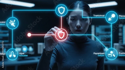 Analyst using an AI agent to detect fraud in a financial transaction workflow. Cybersecurity and fintech concept.