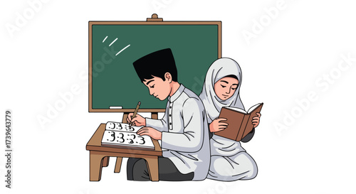 Muslim Children Learning Together in a Classroom Islamic Education Concept Diverse Children Studying