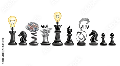 Chess pieces with lightbulbs, brain, tornado, sphere and arrow on a black background render