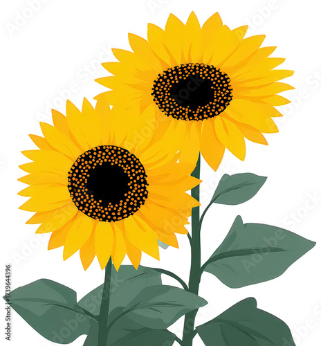 Two Bright Yellow Sunflowers with Green Leaves on Transparent Background