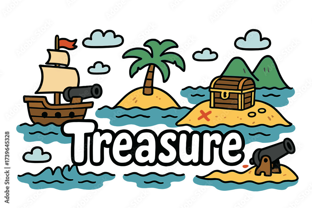Fototapeta premium Cartoon Sea Adventure. Cartoon sea journey with cannons, islands, and treasure chests, center word “Treasure” in black and white