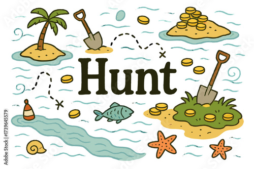 Whimsical Sea Hunt. Whimsical sea treasure hunt with shovels, coins, and islands, center word “Hunt” in black and white isolated