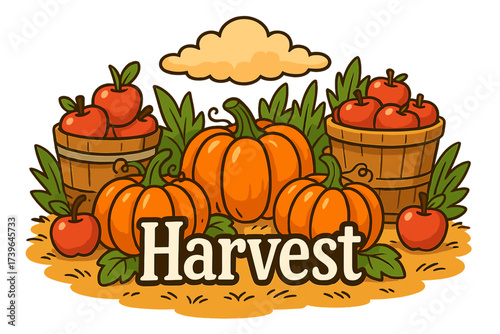 Cartoon Harvest Scene. Cartoon harvest scene with pumpkins, apples, and baskets, center word “Harvest” in black and white isolated