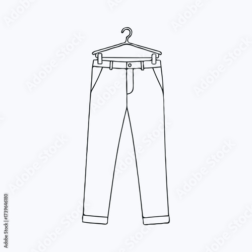 Thin line drawing of trendy pants hanging on a hanger  
