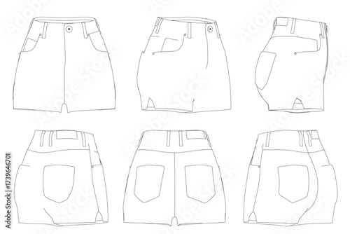 Women's high-waisted shorts contour set in a line drawing style, featuring front and back views, a drawstring waistband with button closure, and two side pockets.