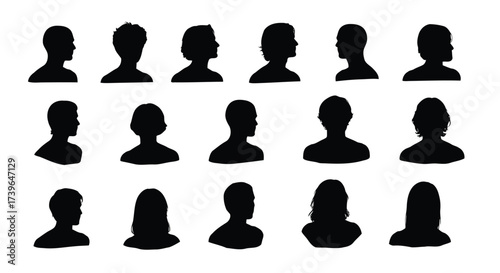 Vector illustration of collection of diverse human head silhouettes in profile, , representing various hairstyles and genders, suitable for profile pictures or user icons