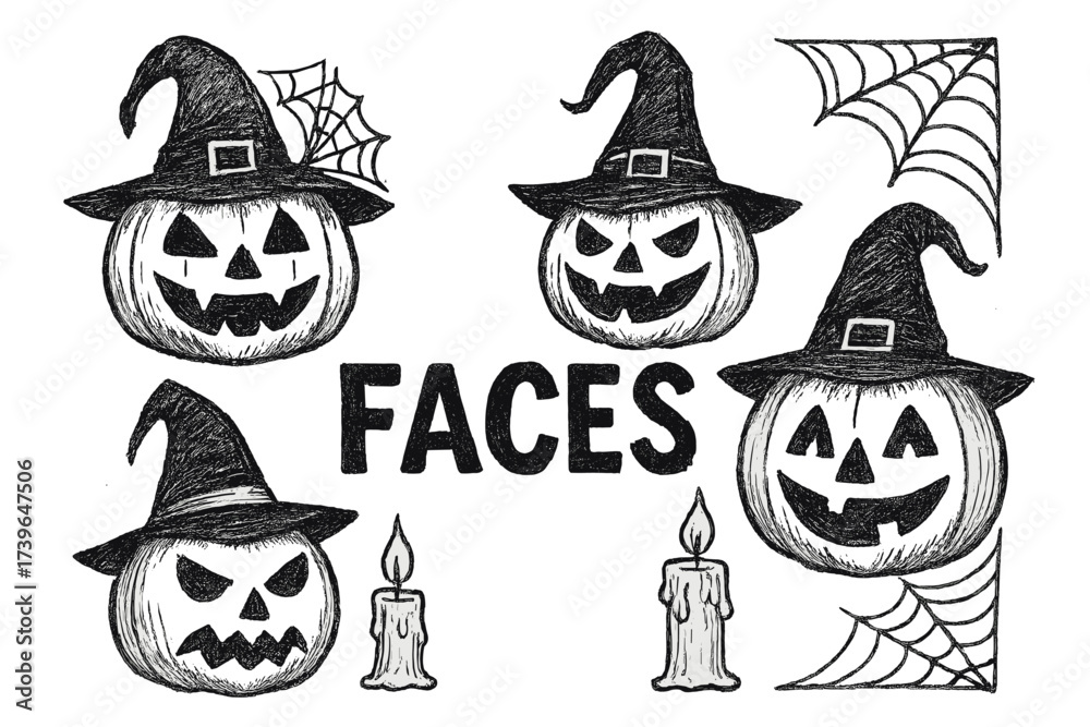 Obraz premium Pumpkin Faces Art. Hand-drawn pumpkin faces with hats, candles, and spiderwebs, center word “Faces” in black and white isolated