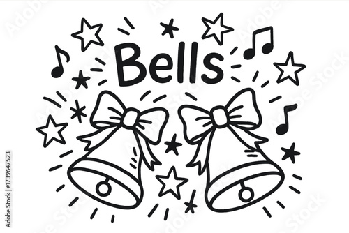 Festive Bells Doodle. Doodle merry bells with stars, bows, and musical notes, center word “Bells” in black and white isolated