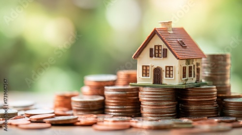 Mortgage loan or home equity loan, financial concept : Tiny model residential house perched atop coin stacks, depicting home loan or borrowing money to purchase a new home for first time homebuyer.